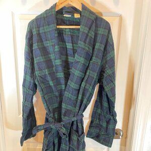 Vintage LL Bean Mens Flannel Bath Robe Large Tall Green Blue Tartan Plaid Belted